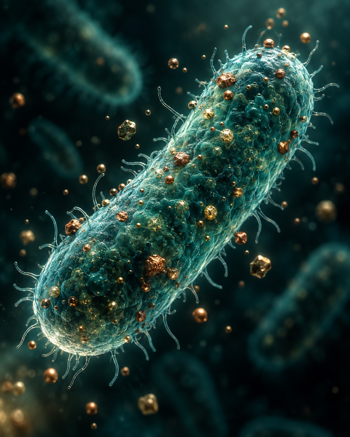 Conceptual illustration of a teal bacterial cell surrounded by copper-colored metallic particles